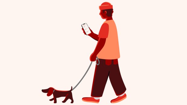 Illustrasjon av mann som leser på mobilen mens han går tur med hunden
