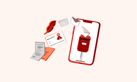Illustrasjon av ein smarttelefon med ei digital postkasse på skjermen, omgitt av svevande element som papir, konvoluttar og eit diplom med segl. Biletet symboliserer digital posthandtering og organisering av dokument.