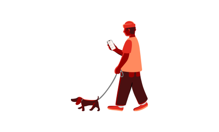 Ei illustrasjon av ein mann som går tur med hunden medan han ser på telefonen.