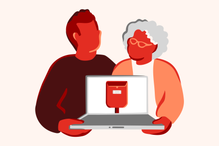 Illustrasjon av to personar som held ein datamaskin med eit bilete av ei postkasse.