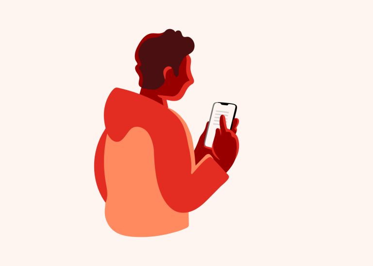 Illustrasjon av en ung mann med en mobil uten for to hus